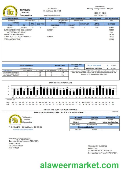 USA Tri-County Electric Cooperative utility bill template in Word and PDF format